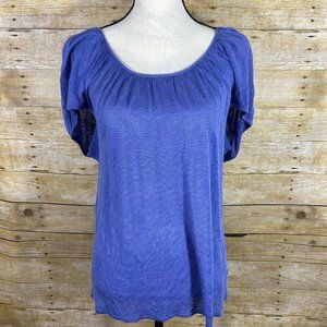 Ann Taylor Blue Linen Rayon Blend Short Flutter Sleeve Top Shirt Size Small